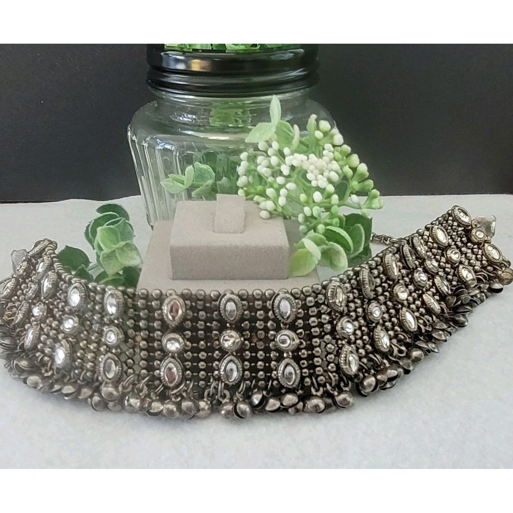Artisan Silver Tone Mirror Choker Necklace Tribal Statement 10 Inch